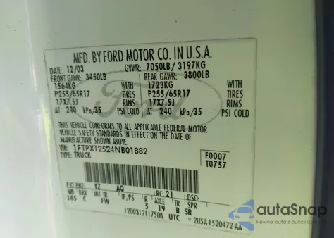 2004 Ford F-150 Lariat/Xl/Xlt z USA, uszkodzony, nr VIN 1FTPX12524NB01882